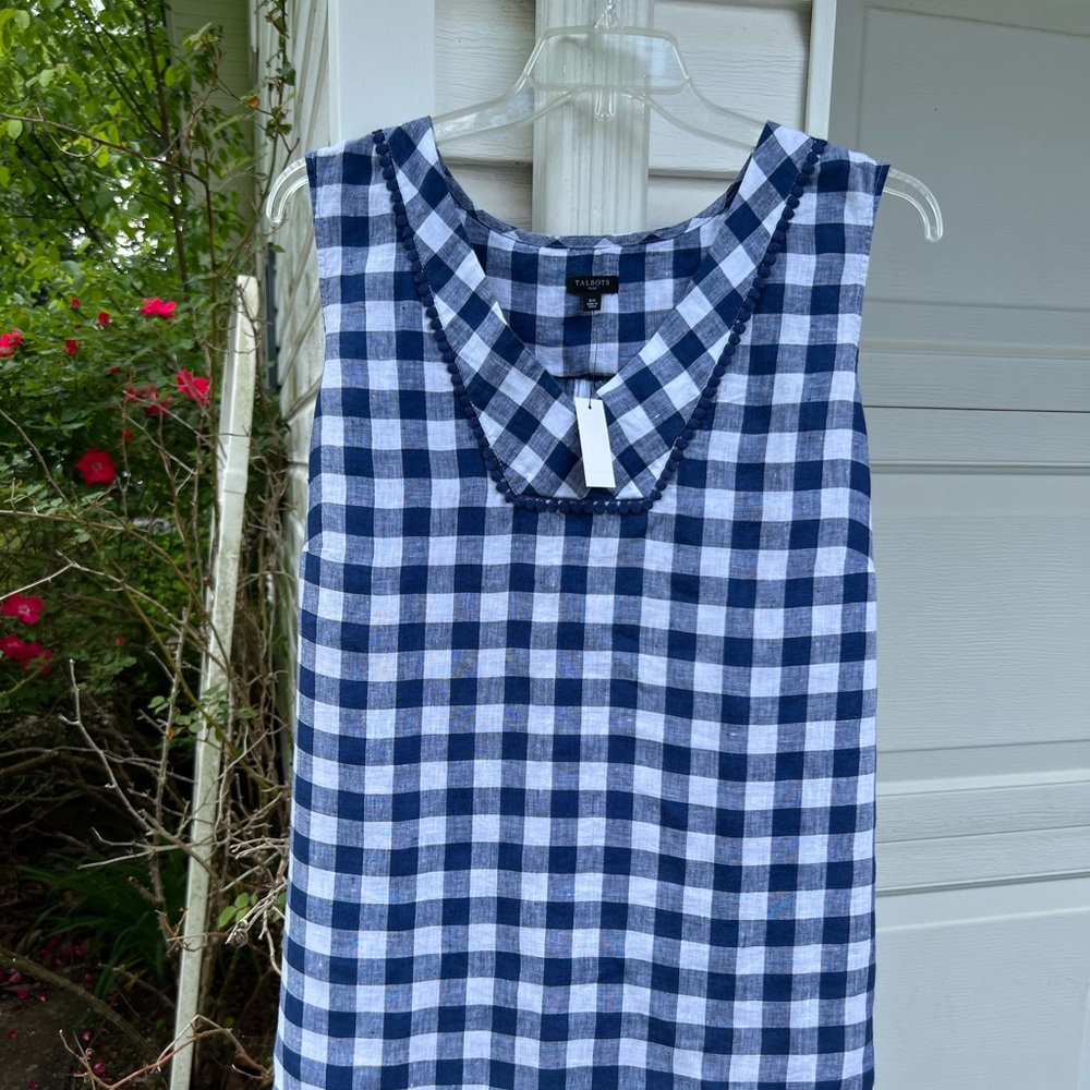 NWT Talbots Fun Blue White Dot Lace Trim Gingham Check Linen Sleeveless